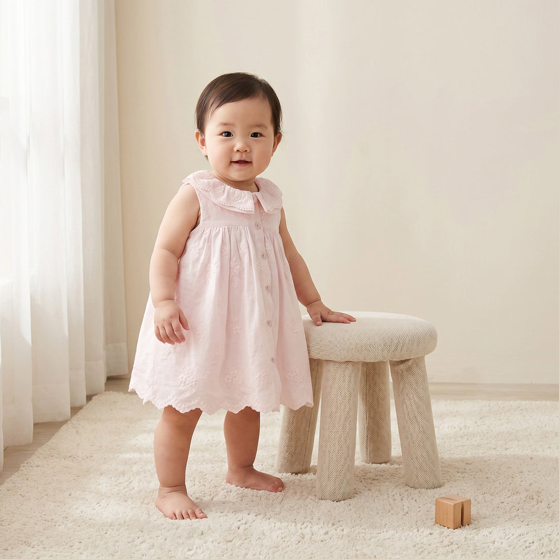 Giggles Collared Sleeveless Knee-Length A-line Dress with Embroidery - Pink / 18-24 mths