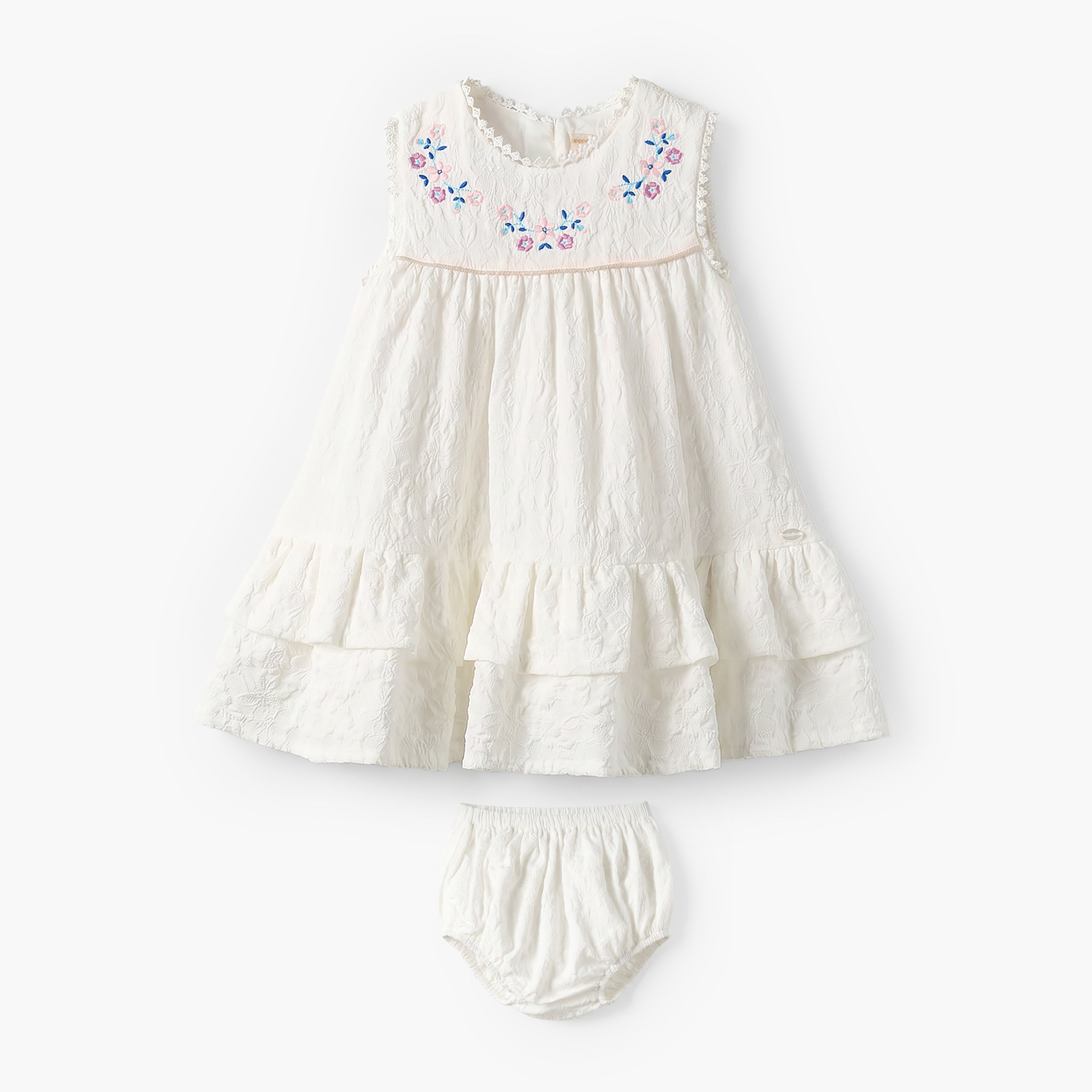 Giggles Round Neck Sleeveless Knee Length A-Line Dress with Bloomers - White / 12-18 mths