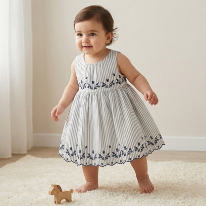 Giggles Round Neck Sleeveless Dress with Embroidery - Blue / 12-18 mths