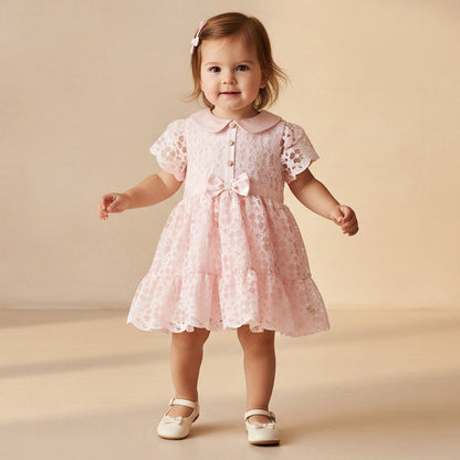 Giggles Peter Pan Collar Short Sleeves A-line Dress with Lace and Bow Design - Pink / 12-18 mths