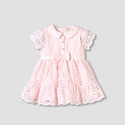 Giggles Peter Pan Collar Short Sleeves A-line Dress with Lace and Bow Design