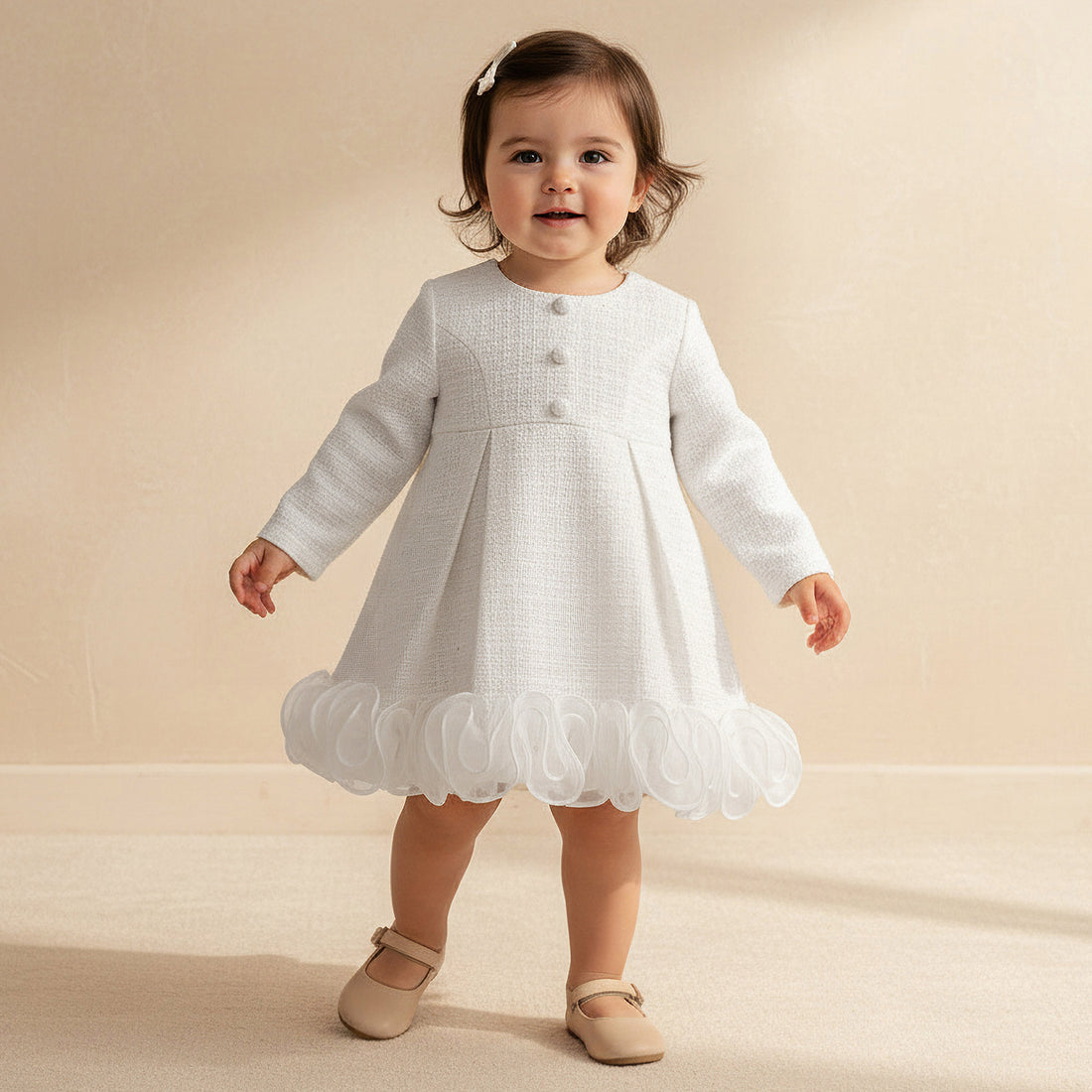 Giggles Round Neck Long Sleeves Dress with Ruffle Detail - White / 18-24 mths