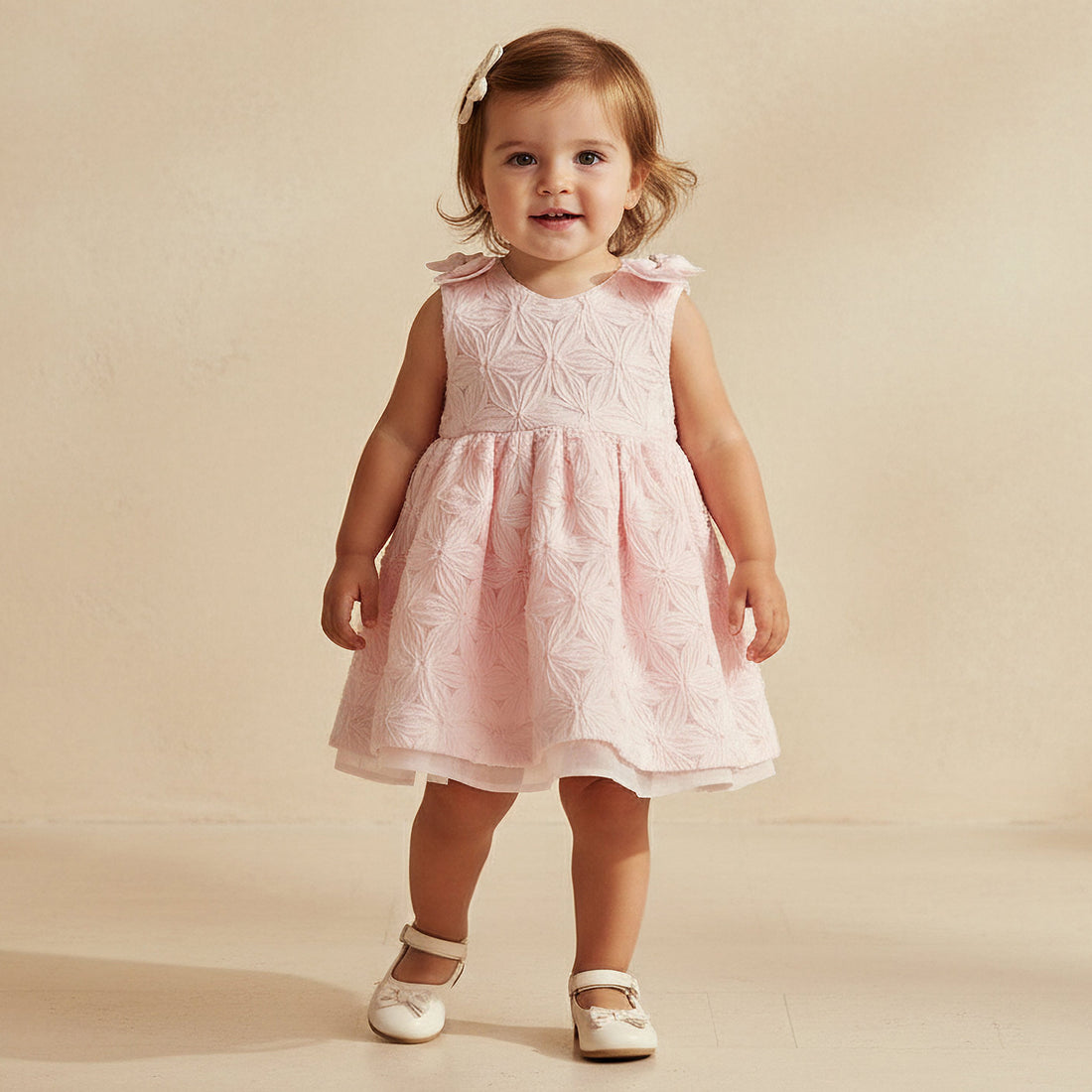 Giggles V-neck Sleeveless A-line Dress with Lace and Bow Design - Pink / 24-36 mths