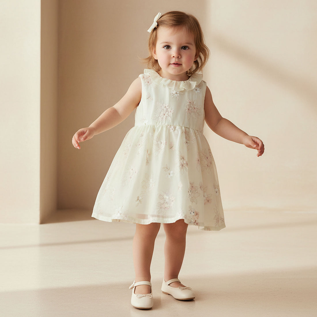 Giggles Round Neck Sleeveless Skater Dress with Floral Embroidery - Cream / 12-18 mths