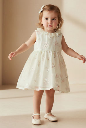 Giggles Round Neck Sleeveless Skater Dress with Floral Embroidery