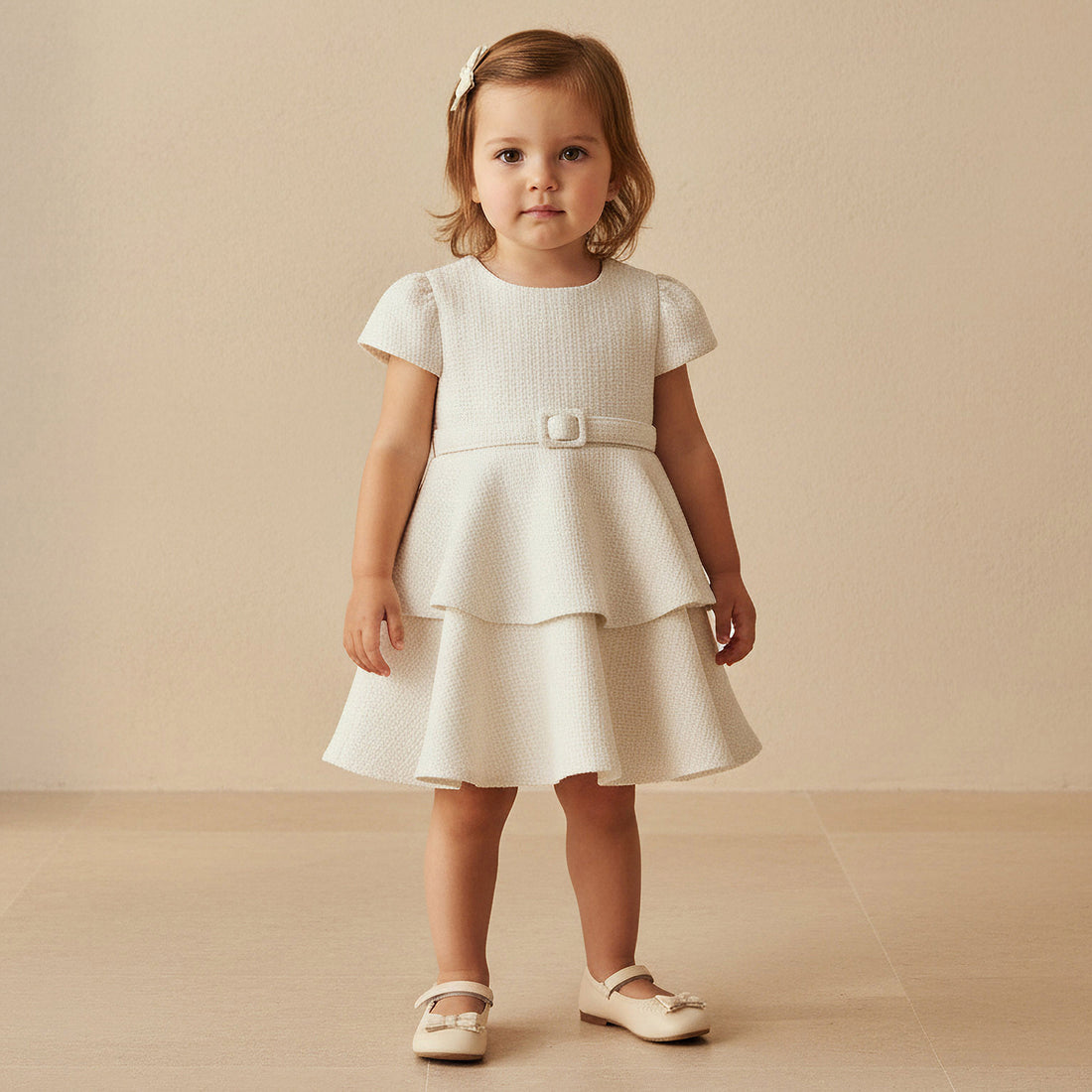 Giggles Round Neck Short Sleeves Empire Dress with Belt Detail - Grey / 24-36 mths
