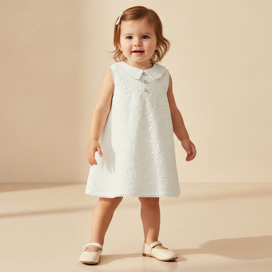 Giggles Collared Sleeveless Dress with Lace and Bow Design - White / 12-18 mths