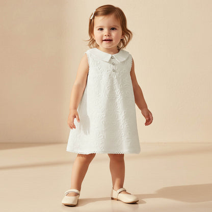 Giggles Collared Sleeveless Dress with Lace and Bow Design - White / 12-18 mths