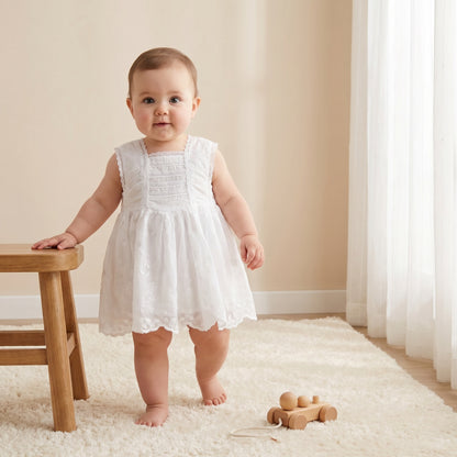 Giggles Square Neck Sleeveless A-line Dress with Floral Embroidery - White / 24-36 mths