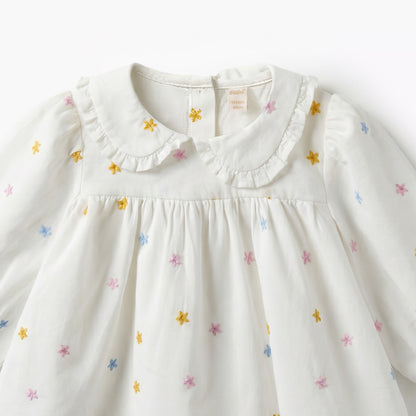 Giggles Peter Pan Collar Long Sleeves Top and Pants Set with Floral Embroidery