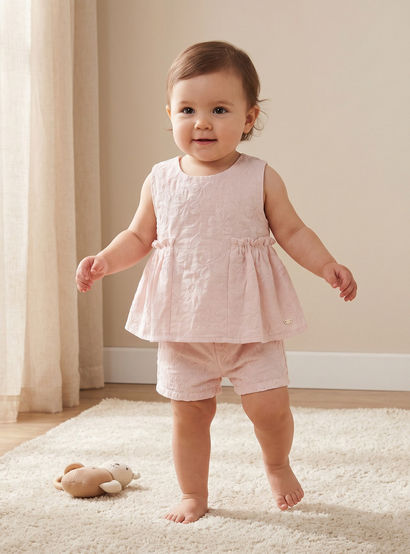 Giggles Round Neck Sleeveless Peplum Top and Shorts Set with Floral Embroidery-baby-girls-clothing-setsandcoords-image-1