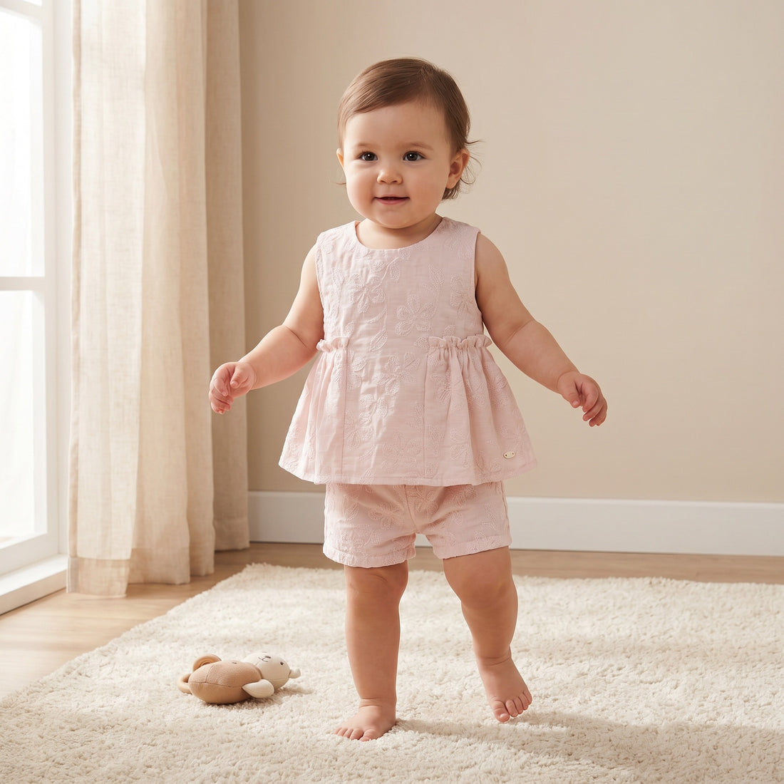 Giggles Round Neck Sleeveless Peplum Top and Shorts Set with Floral Embroidery - Pink / 24-36 mths