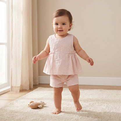 Giggles Round Neck Sleeveless Peplum Top and Shorts Set with Floral Embroidery - Pink / 24-36 mths