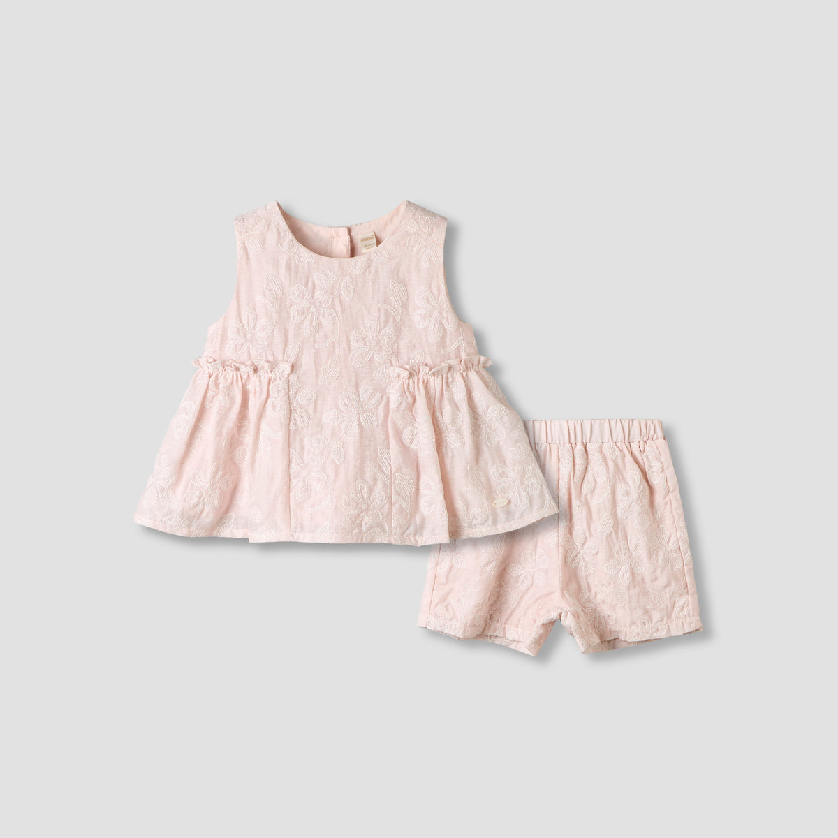 Giggles Round Neck Sleeveless Peplum Top and Shorts Set with Floral Embroidery