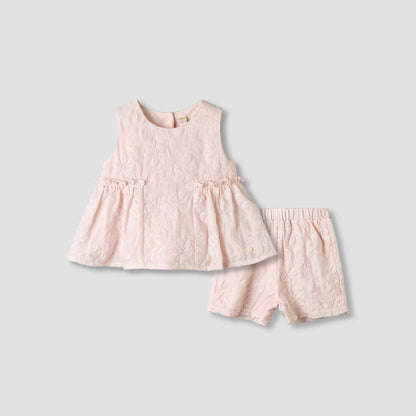 Giggles Round Neck Sleeveless Peplum Top and Shorts Set with Floral Embroidery