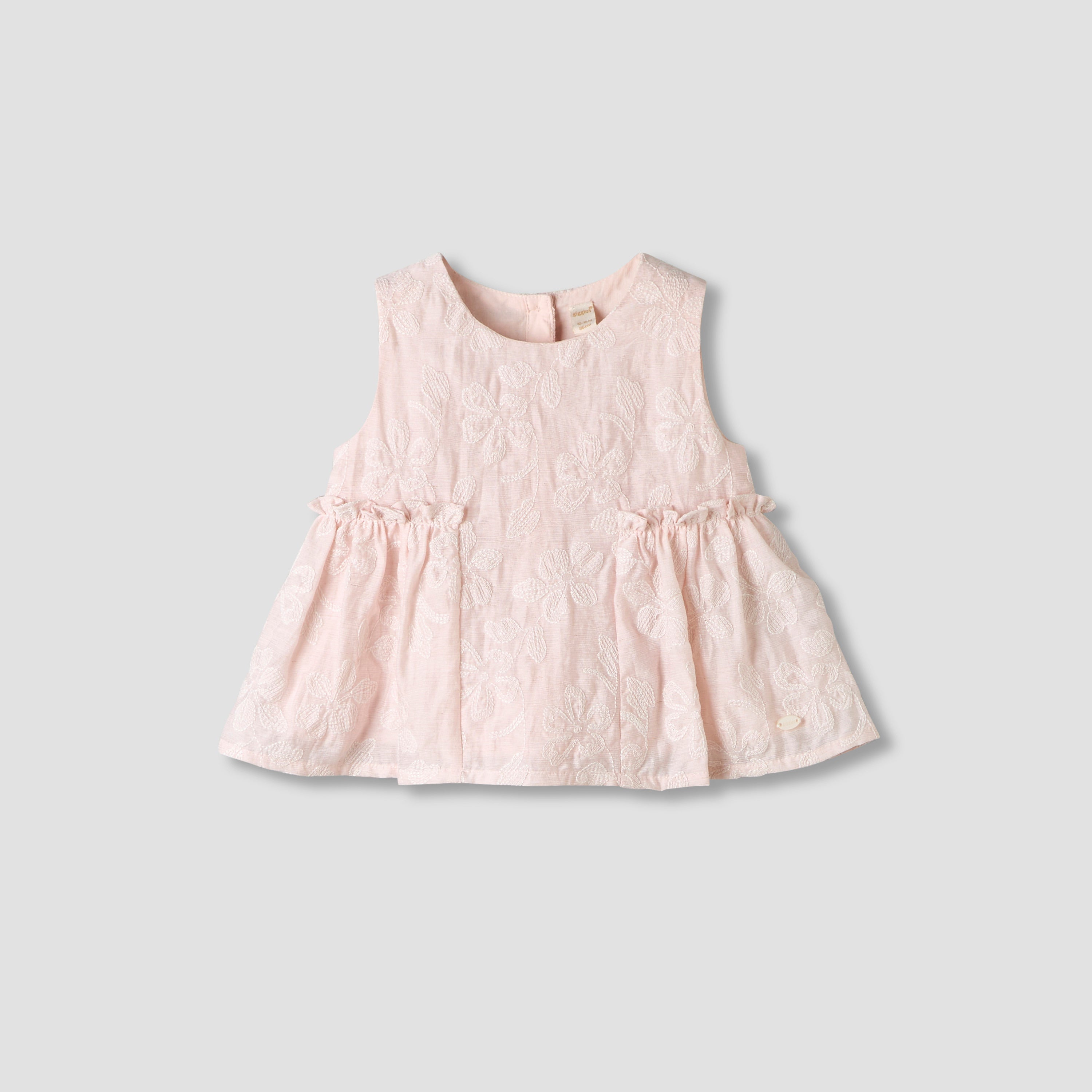 Giggles Round Neck Sleeveless Peplum Top and Shorts Set with Floral Embroidery