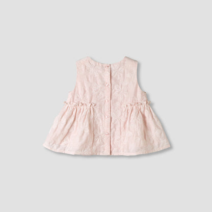 Giggles Round Neck Sleeveless Peplum Top and Shorts Set with Floral Embroidery