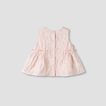 Giggles Round Neck Sleeveless Peplum Top and Shorts Set with Floral Embroidery