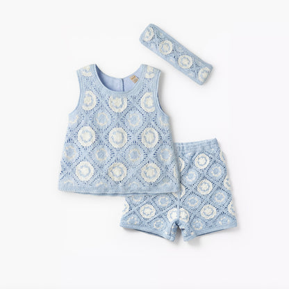 Giggles Round Neck Sleeveless Crochet Top and Shorts Set with Hairband - Blue / 24-36 mths