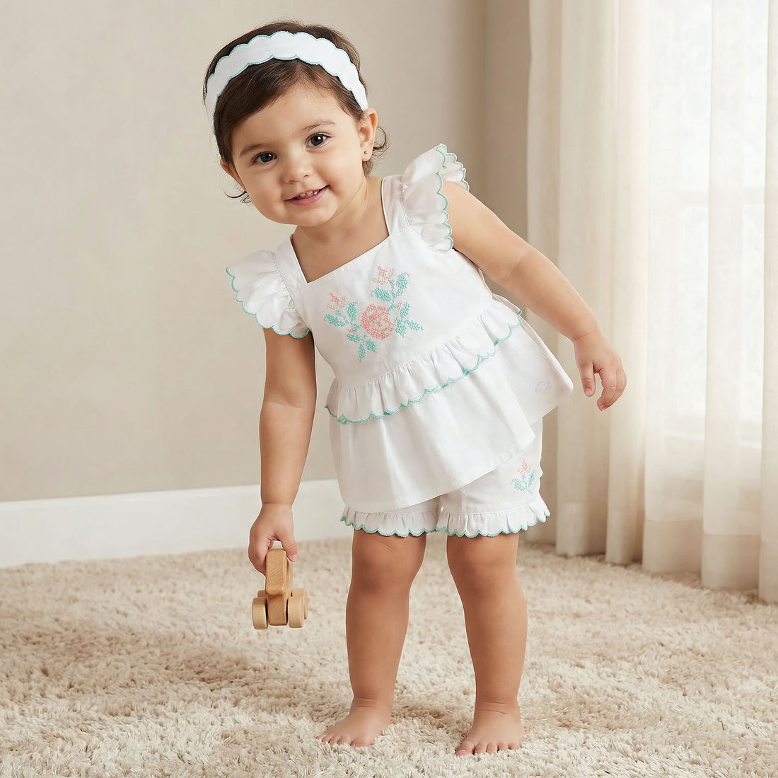 Giggles Square Neck Sleeveless Top and Shorts Set with Headband - White / 12-18 mths