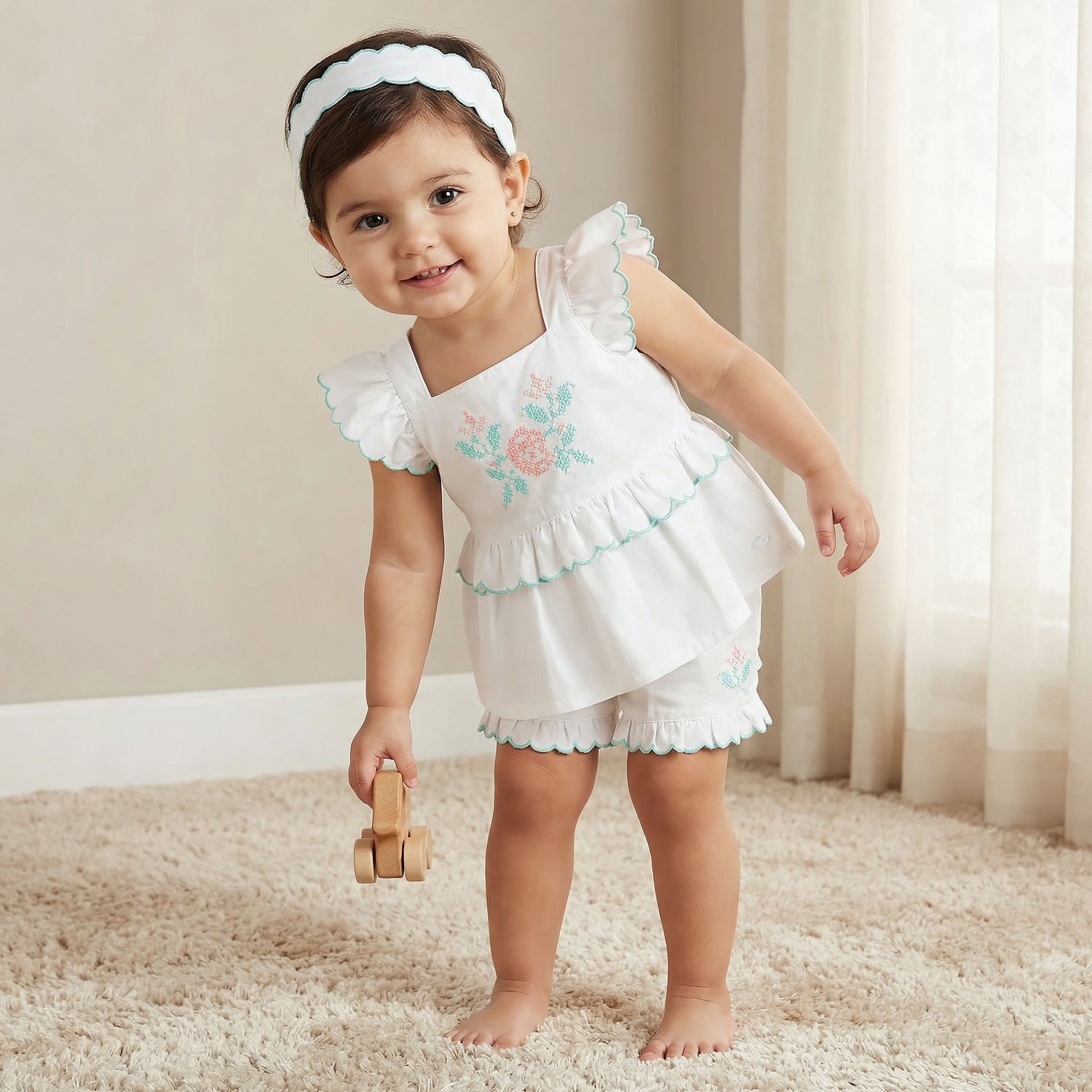 Giggles Square Neck Sleeveless Top and Shorts Set with Headband - White / 12-18 mths