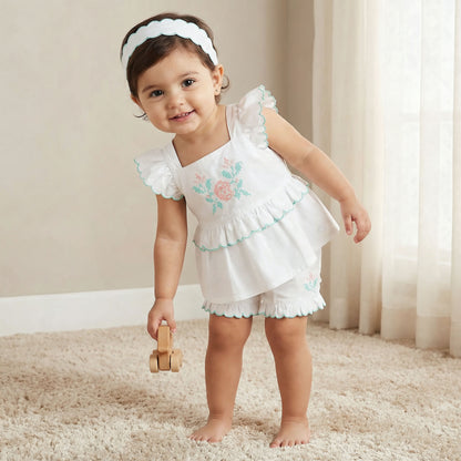 Giggles Square Neck Sleeveless Top and Shorts Set with Headband - White / 12-18 mths