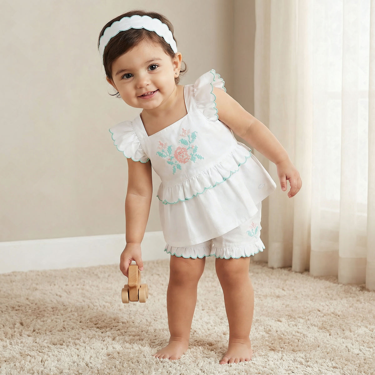 Giggles Square Neck Sleeveless Top and Shorts Set with Headband