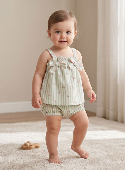 Giggles Square Neck Straps Sleeve Top and Shorts Set with Floral Print-baby-girls-clothing-setsandcoords-image-1