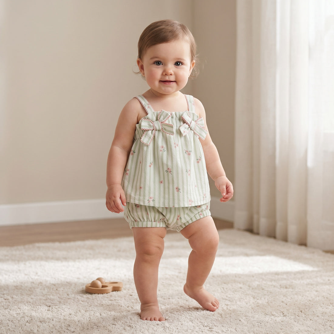 Giggles Square Neck Straps Sleeve Top and Shorts Set with Floral Print - Green / 24-36 mths