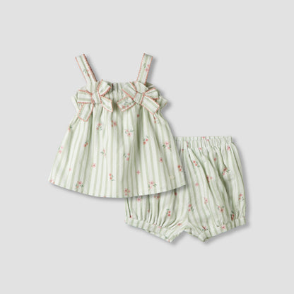 Giggles Square Neck Straps Sleeve Top and Shorts Set with Floral Print