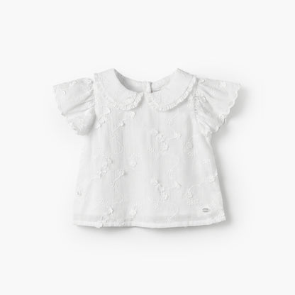 Giggles Round Neck Short Sleeves Top and Pants Set with Floral Embroidery