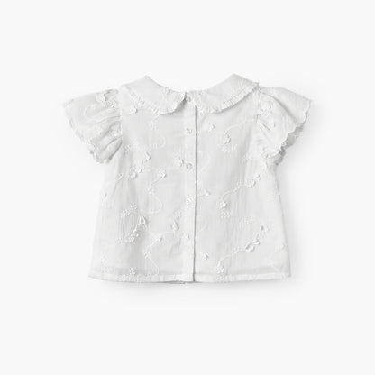 Giggles Round Neck Short Sleeves Top and Pants Set with Floral Embroidery