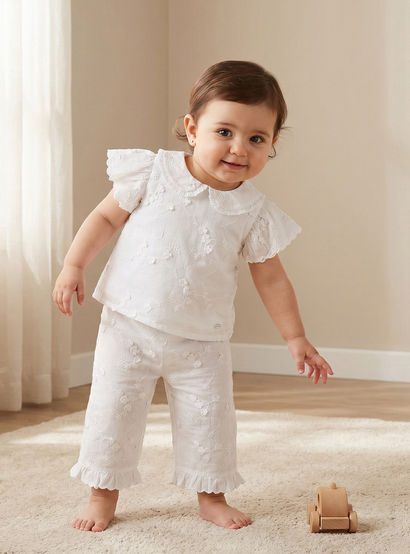 Giggles Round Neck Short Sleeves Top and Pants Set with Floral Embroidery-baby-girls-clothing-setsandcoords-image-1