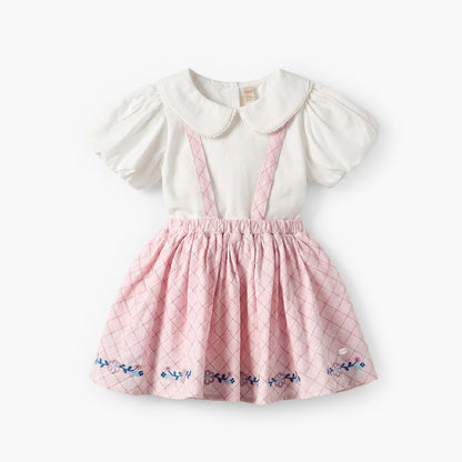 Giggles Peter Pan Collar Short Sleeves Top and Pinafore Set with Floral Embroidery