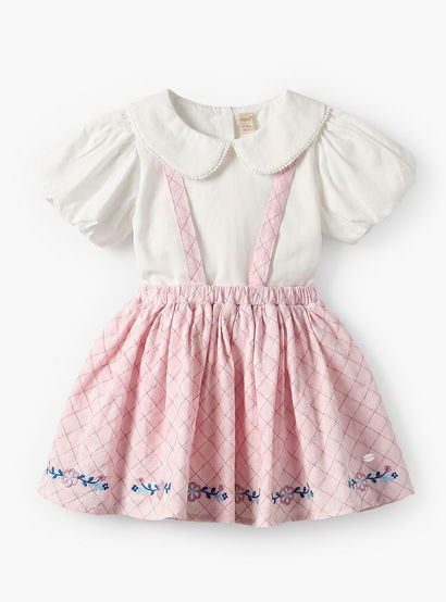 Giggles Peter Pan Collar Short Sleeves Top and Pinafore Set with Floral Embroidery-baby-girls-clothing-setsandcoords-image-2