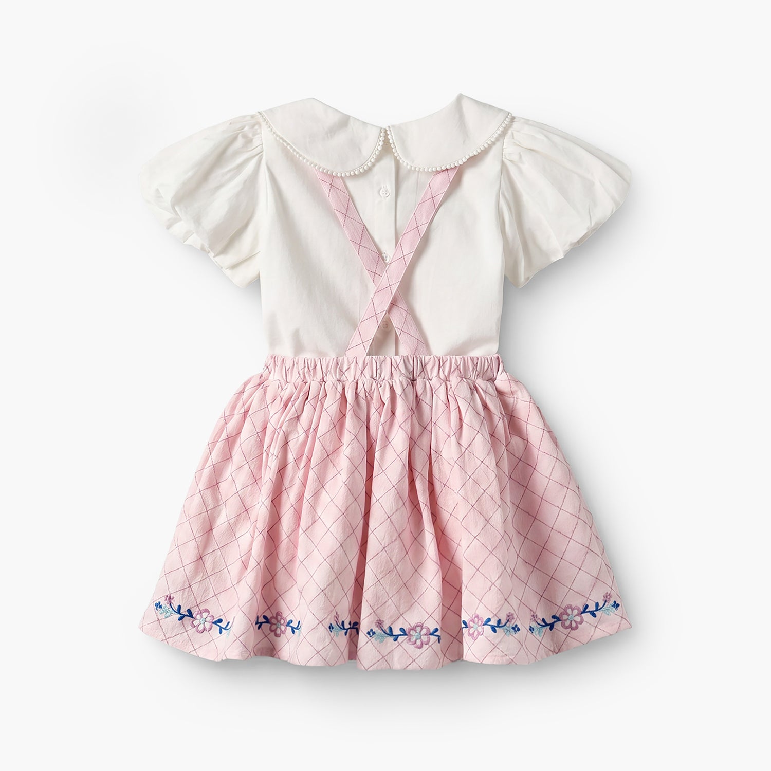 Giggles Peter Pan Collar Short Sleeves Top and Pinafore Set with Floral Embroidery