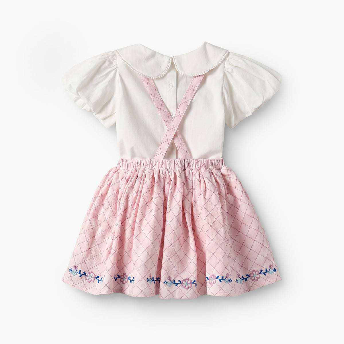 Giggles Peter Pan Collar Short Sleeves Top and Pinafore Set with Floral Embroidery