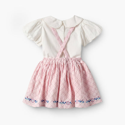 Giggles Peter Pan Collar Short Sleeves Top and Pinafore Set with Floral Embroidery