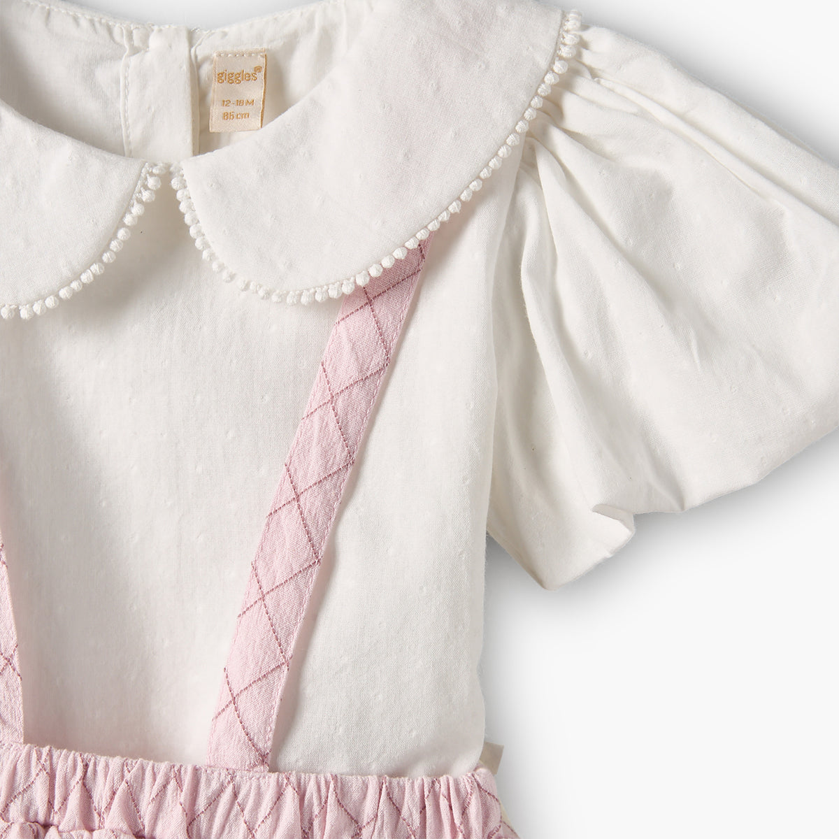 Giggles Peter Pan Collar Short Sleeves Top and Pinafore Set with Floral Embroidery