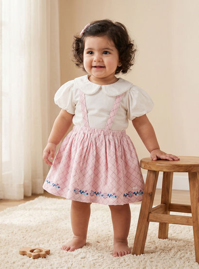 Giggles Peter Pan Collar Short Sleeves Top and Pinafore Set with Floral Embroidery-baby-girls-clothing-setsandcoords-image-1
