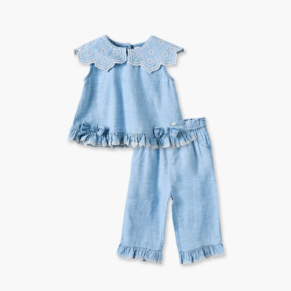 Giggles Collared Sleeveless Top and Pants Set with Embroidery - Blue / 12-18 mths