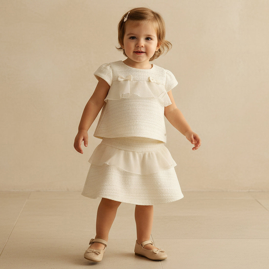 Giggles Crew Neck Short Sleeves Top and Skirt Set with Ruffle Detail - Beige / 24-36 mths