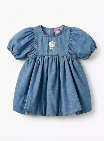 Sanrio Round Neck Short Sleeves Denim Dress with Hello Kitty Print-baby-girls-clothing-dressesandjumpsuits-image-2