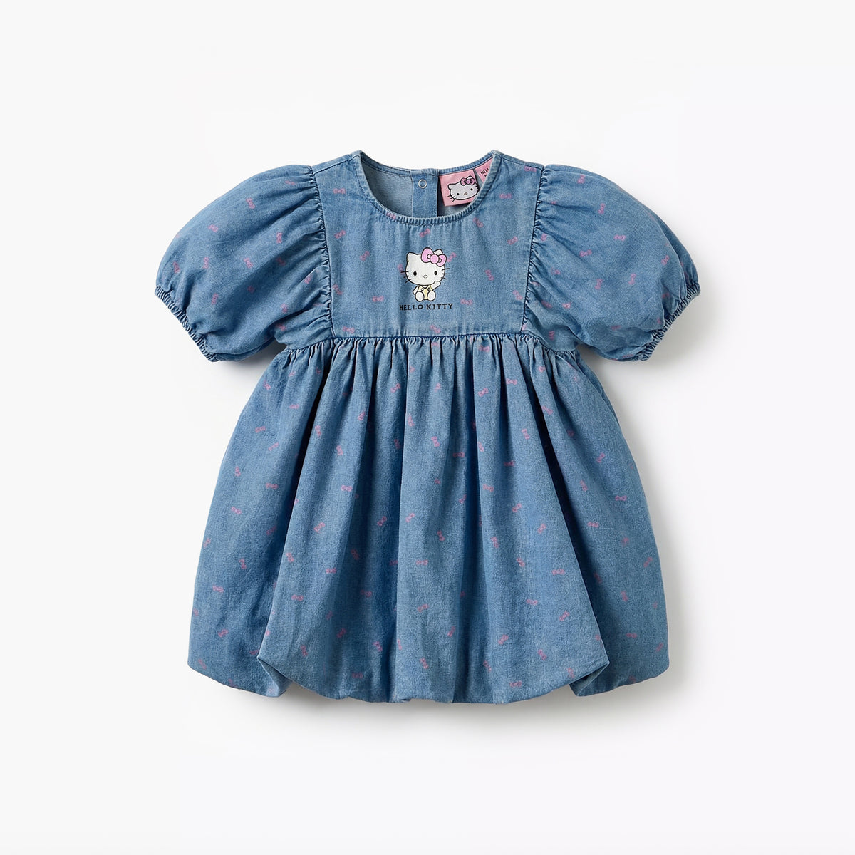 Sanrio Round Neck Short Sleeves Denim Dress with Hello Kitty Print
