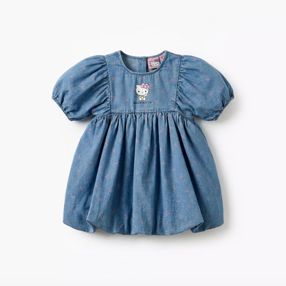 Sanrio Round Neck Short Sleeves Denim Dress with Hello Kitty Print