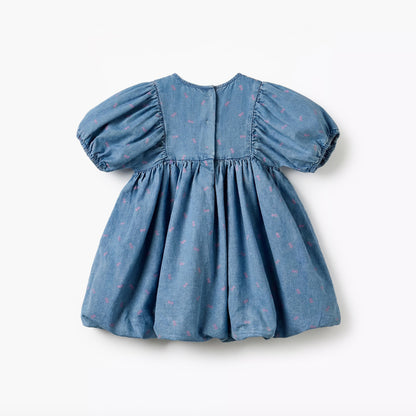 Sanrio Round Neck Short Sleeves Denim Dress with Hello Kitty Print