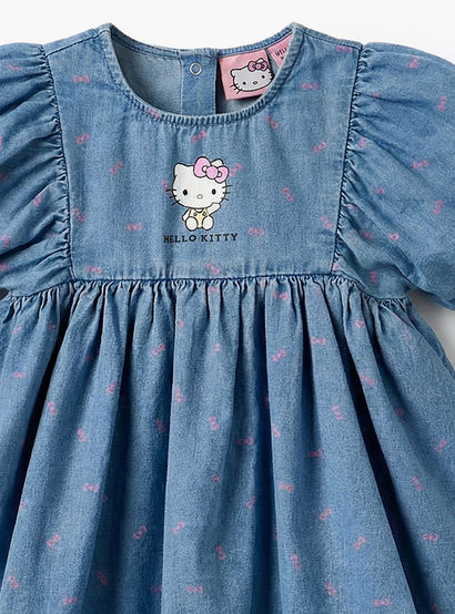 Sanrio Round Neck Short Sleeves Denim Dress with Hello Kitty Print-baby-girls-clothing-dressesandjumpsuits-image-4