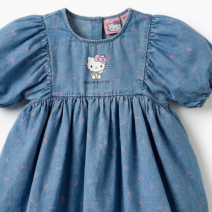 Sanrio Round Neck Short Sleeves Denim Dress with Hello Kitty Print