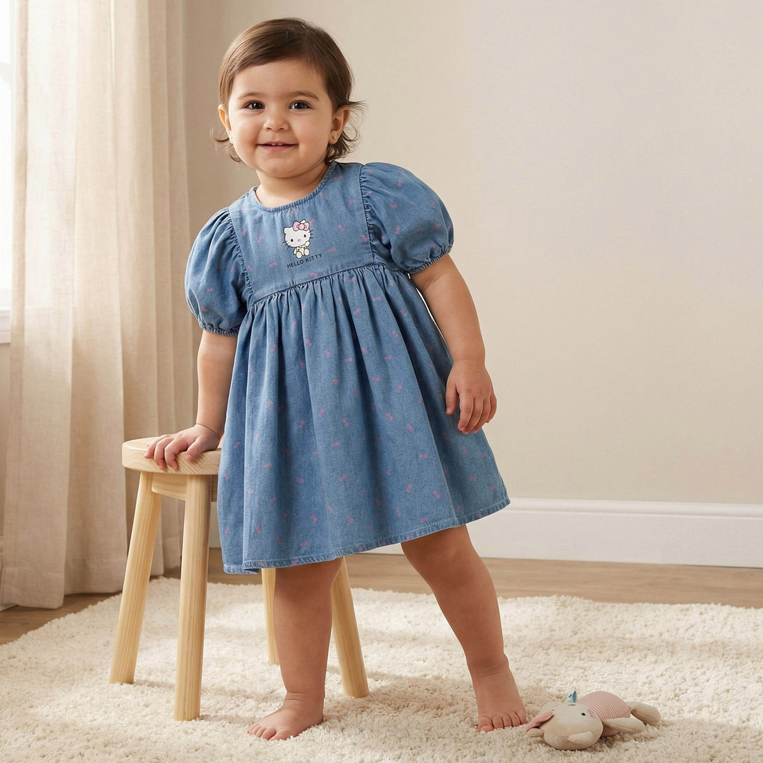 Sanrio Round Neck Short Sleeves Denim Dress with Hello Kitty Print - Blue / 12-18 mths