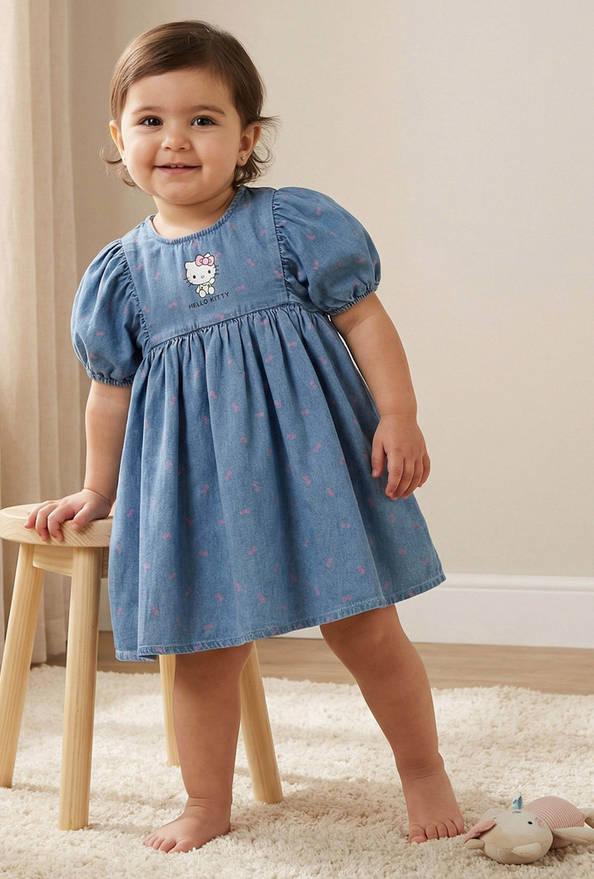 Sanrio Round Neck Short Sleeves Denim Dress with Hello Kitty Print